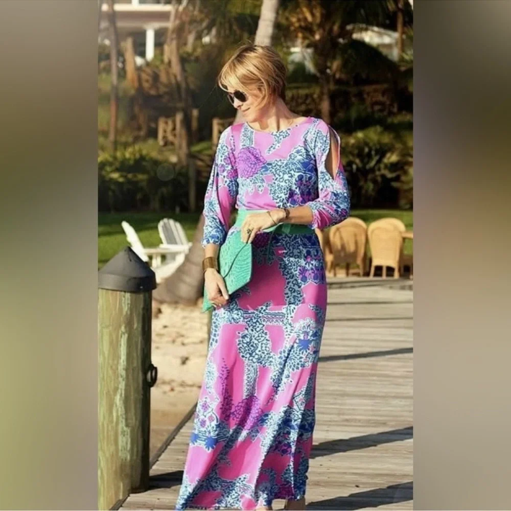 Lilly Pulitzer Ashlynn Maxi Dress Womens Size S Pink Blue Tropical - Picture 2 of 10